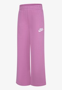 Rozā kokvilnas sporta bikses ar elastīgu jostu, platajām kājām un balto Nike logo sānos. Gluda tekstūra, ikdienišķs dizains.