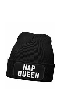 Black knitted beanie featuring a fold-over cuff with a rectangular patch displaying the text "NAP QUEEN" in white bold font.