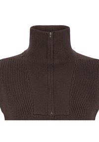 Brauner, gerippter Pullover mit hohem Kragen und halbem Reißverschluss. Enthält ein strukturiertes Muster und ein tailliertes Design, das Wärme und Komfort betont.