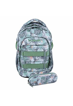 Set zaino e astuccio con cinturini verdi, con un motivo di colibrì, foglie e puntini neri astratti su sfondo chiaro.