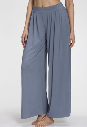 Lightweight, flowy wide-leg pants in slate gray, featuring a relaxed waistband and soft, smooth texture. Subtle pleats for added movement.