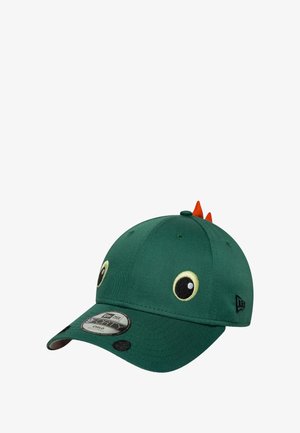 Cappello da baseball verde per bambini con occhi di dinosauro ricamati sul davanti e due piccole spine arancioni in cima.