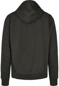 Felpa a maniche lunghe grigia scura vista da dietro, con cappuccio e polsini e orlo a coste.