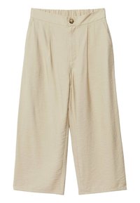 Pantalons larges beiges avec une finition texturée, une taille élastique et un unique bouton à l'avant. Dispose de poches latérales pour plus de praticité.