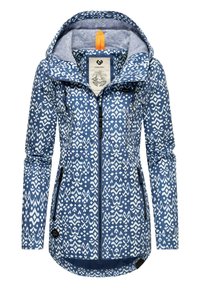 Modra jakna s postopkom in belimi geometrijskimi vzorci, s kapuco, polnim zadrgo in stranskimi žepi. Tkanina se zdi gladka, vzdržljiva in vodoodporna.