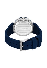 Orologio Cerruti 1881 con cassa in acciaio inossidabile, cinturino in silicone blu, retro argentato testurizzato e resistente all'acqua fino a 50 metri.