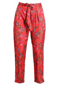Röda blommiga byxor med knytmidja, med ett heltryckt ros-mönster i blått och rosa, plisserad framdel och tapered design vid anklarna.