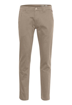 Beige cotton chinos with a slim fit, featuring belt loops, front pockets, and a button closure. Smooth texture and minimal detailing.