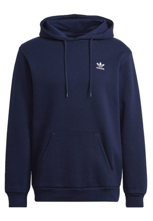 Felpa navy blue con tasca a marsupio, cappuccio regolabile con coulisse e logo ricamato bianco sul lato sinistro del petto. Tessuto morbido.