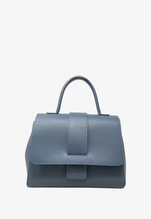 Borsa a tracolla in pelle blu con una forma strutturata, manico superiore e chiusura a calamita. Presenta una superficie testurizzata e un design minimalista.