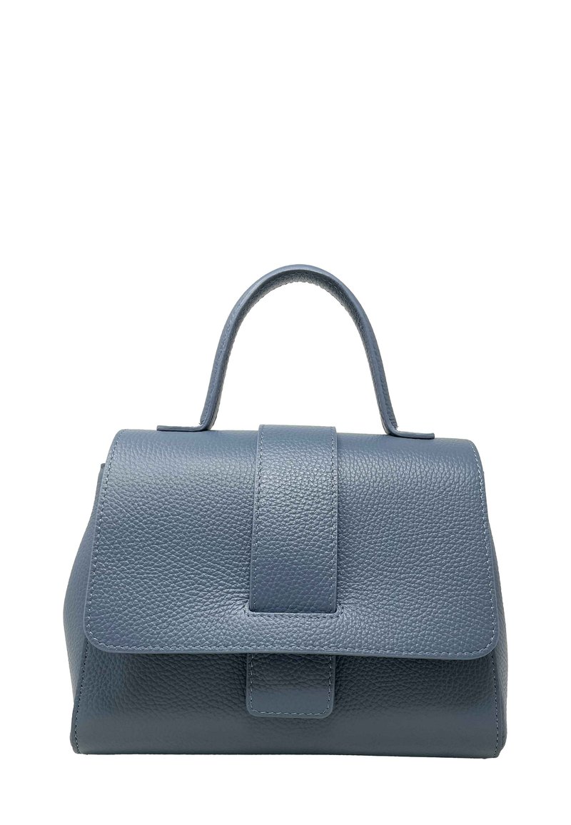 Niebieska skórzana torebka o strukturalnym kształcie, z górnym uchwytem i zamknięciem na magnetyczny klapkę. Posiada teksturowaną powierzchnię i minimalistyczny design.