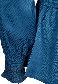 Chemisier bleu avec un motif imprimé zèbre, des poignets froncés et une taille élastique. Texture lisse avec une finition douce.