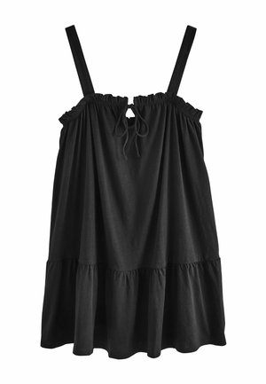 Robe noire sans manches avec encolure froncée et détail de lien ajustable. Design évasé et en couches en tissu doux avec une texture lisse.
