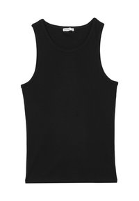 Top nero senza maniche realizzato in un tessuto liscio ed elastico. Presenta un collo rotondo e rifiniture pulite sui bordi.