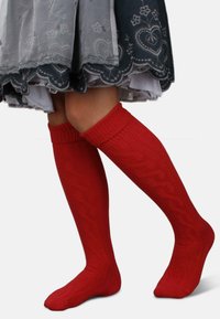 Rote kniehohe Socken mit strukturierten Mustern und gerippten Abschlüssen, kombiniert mit einem grauen Rock mit floraler Stickerei und gewellten Kanten.