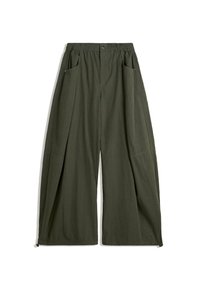 Wide-leg trousers in olive green fabric, featuring an elastic waistband, two side pockets, and a textured finish.