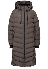 Dlouhá, nadýchaná, hnědá parka s kapucí, která má přední zip, dvě boční kapsy na zip a žebrované manžety pro zvýšení tepla.