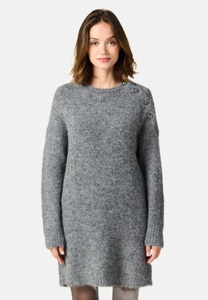 Szary dziany sweter w formie sukienki z długimi rękawami, okrągłym dekoltem i dekoracyjnymi guzikami na ramieniu. Miękka, teksturowana tkanina o swobodnym kroju.