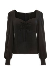 Blusa nera con scollatura quadrata, chiusura con lacci davanti e maniche lunghe a palloncino. Presenta polsini arricciati e una trama di tessuto liscia.