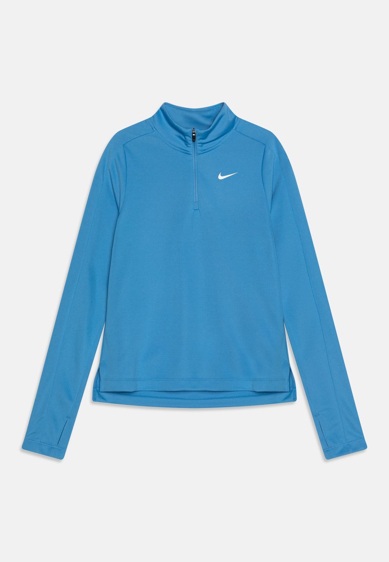 Nike hosszú ujjú felső élénk kékszínben, magas gallérral, fél cipzárral az elején és varrott részletekkel. Simább, könnyű anyagból készült.