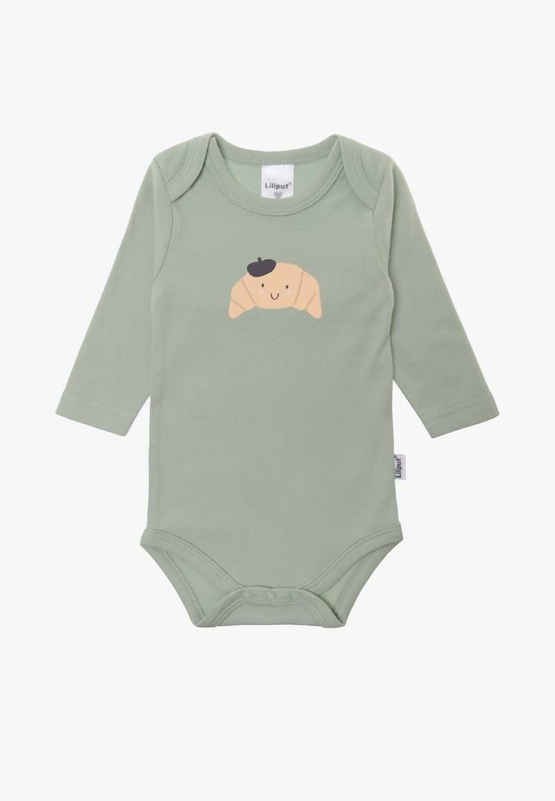 Light green long-sleeve onesie with a croissant cartoon illustration on the chest, soft cotton material, and snap closures at the bottom.
