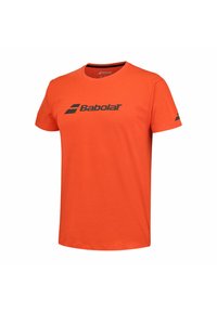 T-shirt in cotone arancione con logo Babolat nero sul davanti. Maniche corte, colletto rotondo e design semplice con texture liscia.