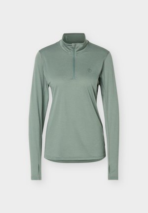 Maglione da donna a maniche lunghe di colore verde salvia con cerniera a quattro vie, fori per il pollice e piccolo logo ricamato sul lato sinistro del petto.