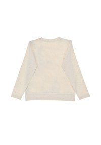 Helles Cremesweatshirt mit langen Ärmeln, rundem Ausschnitt und einem weichen, strukturierten Stoff mit bunten Sprenkeln überall.