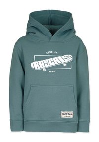 Grüner Sweater mit Kapuze, ausgestattet mit einer Fronttasche, einem weißen „Band of Rascals“-Grafikdesign und einem strukturierten Stoff. Rippbündchen und Saum.