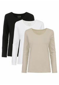 Trzy longsleeve'y w kolorach czarnym, białym i beżowym, z okrągłymi dekoltami i gładką bawełnianą fakturą.