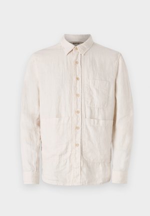 Hellbeige Hemd mit Knopfleiste aus strukturierter Stoff. Verfügt über einen Kragen, sieben Vorderknöpfe und zwei aufgesetzte Taschen auf der Vorderseite.