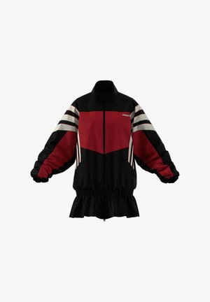 Giacca sportiva Adidas nera e rossa con strisce bianche sulle maniche, polsini ed orlo elasticizzati, e chiusura frontale con zip.