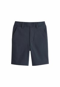 Marinblå shorts i vävd tyg, med rak front, två sidofickor och en ren fåll. Detaljerad sömnad längs sömmarna.