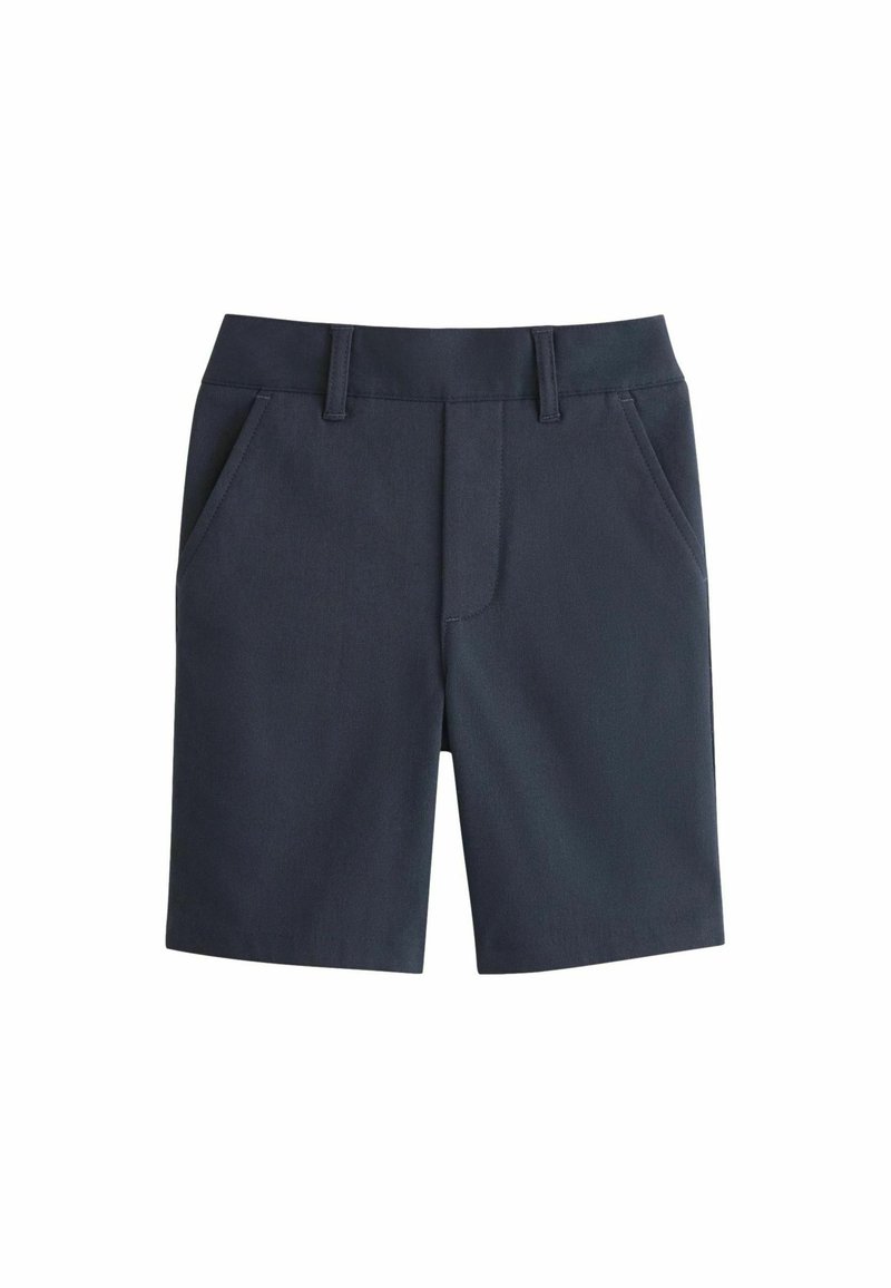 Marinblå shorts i vävd tyg, med rak front, två sidofickor och en ren fåll. Detaljerad sömnad längs sömmarna.