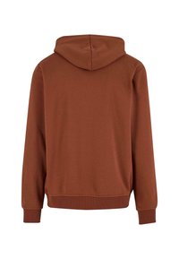 Brauner Hoodie mit weichem Stoff, langen Ärmeln und einer Kapuze mit Kordelzug. Der Rücken ist einfach und unauffällig mit einem gerippten Saum.