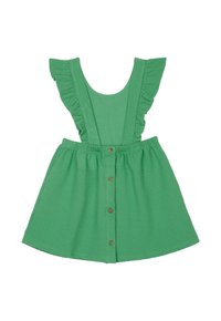 Groene jurk met ruches op de schouderbanden, een ronde halslijn en een knoopsluiting aan de voorkant. Bevat een gestructureerde stof en een elastische taille.