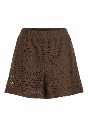 Hnedé háčkované čipkované šortky s elastickým pásom a kvetinovými geometrickými vzormi, navrhnuté na bežné nosenie.