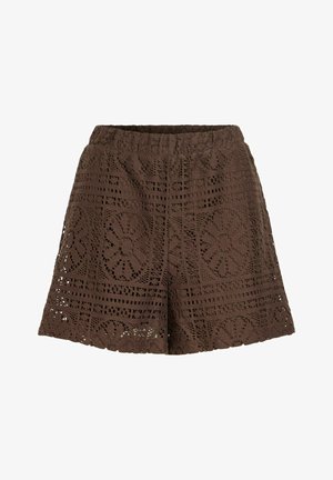 Shorts marrones de encaje crochet con cintura elástica y patrones geométricos florales, diseñados para uso casual.