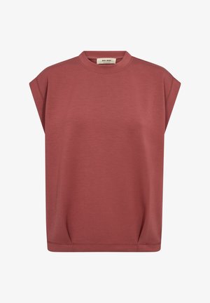 Líščie červený bezrukávový top s okrúhlym výstrihom, širokými ramenami a mierne voľným strihom, pohľad spredu.