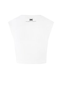 Crop top bianco a maniche corte con scollatura rotonda, caratterizzato da un logo nero "ELISABETTA FRANCHI" sul retro, realizzato in tessuto morbido.