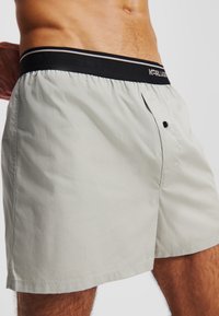 Hellgraue Badeshorts aus leichtem Material, mit einem schwarzen elastischen Bund mit weißen Streifen und einem Knopfverschluss.