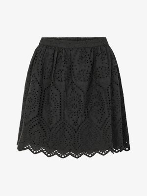 Svart kjol med en r gathered design, broderad ögla tyg och scalloped nederkant. Tyget har intrikata mönster och detaljer.