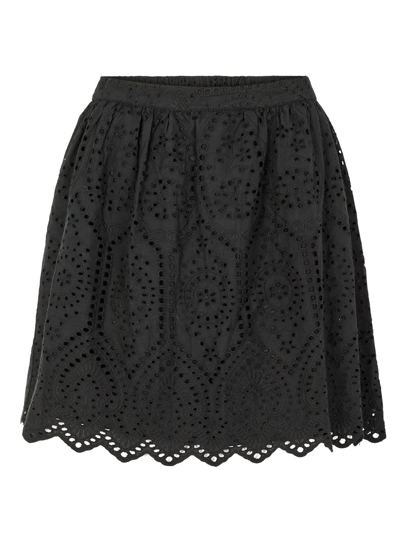 Schwarzer Rock mit einem gerafften Design, besticktem Eyelet-Stoff und einem gewellten Saum. Der Stoff weist filigrane Muster und Akzente auf.