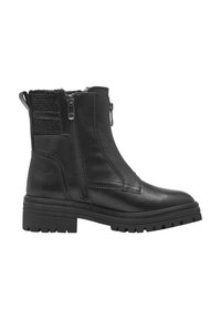 Bottine en cuir noir avec des fermetures éclair latérales, des accents texturés et une semelle épaisse. Présente des détails de couture et une bordure en fausse fourrure sur le dessus.