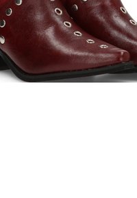 Botas de tobillo de piel roja con puntera afilada, con acentos de ojales plateados y un tacón bajo negro. Textura suave con un acabado brillante.