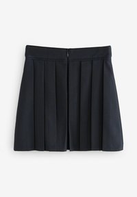 Schwarzer plissierter Rock mit einer mittelhohen Taille, Reißverschluss hinten und glatter Stofftextur. Minimalistisches Design ohne sichtbare Muster.