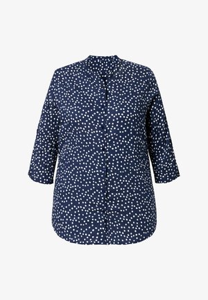 Granatowa koszula na guziki w białe kropki, z rękawami 3/4 i okrągłym kołnierzem, zaprojektowana na luźny krój.