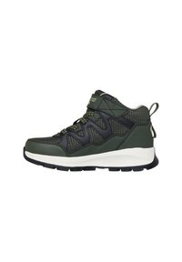 Dunkelgrüne und schwarze High-Top-Sneaker mit strukturiertem Mesh, Klettverschluss, grünen Schnürsenkeln und dicker weißer Sohle mit schwarzem Profil.