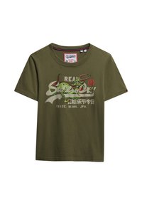 Olijfgroene katoenen t-shirt met een ronde hals en korte mouwen, voorzien van kleurrijke grafische tekst en een drakenontwerp aan de voorkant.