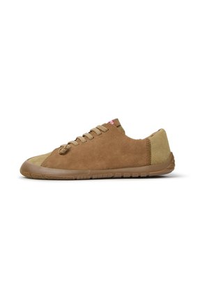 Brown suede lace-up shoe with textured rubber sole and reinforced toe and heel areas, shown from the side on a white background.